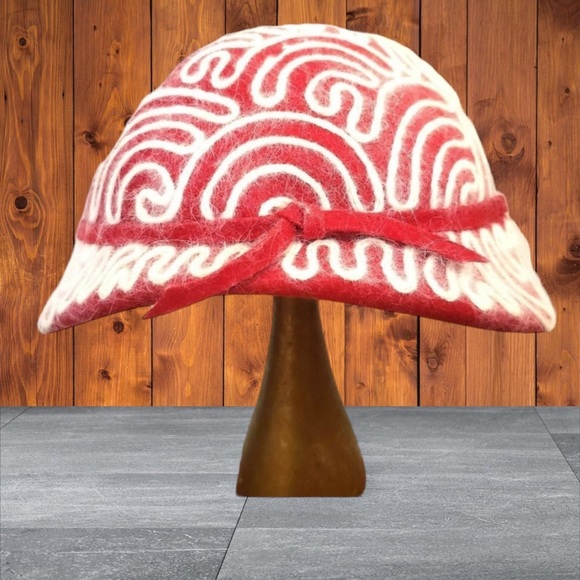 VINTAGE Wool Angora Bucket Hat Gatsby Flapper Costume Grandma Core Red Embroider - Picture 11 of 16
